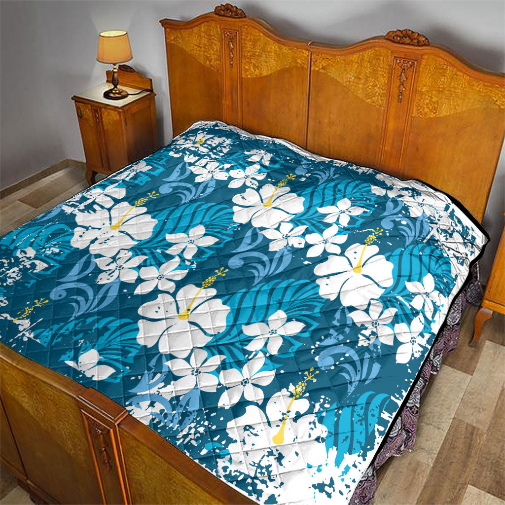Blue Hawaiian Hibiscus Monstera Quilt Grunge Stylized LT01 - Polynesian Pride