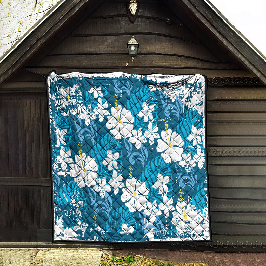 Blue Hawaiian Hibiscus Monstera Quilt Grunge Stylized LT01 - Polynesian Pride