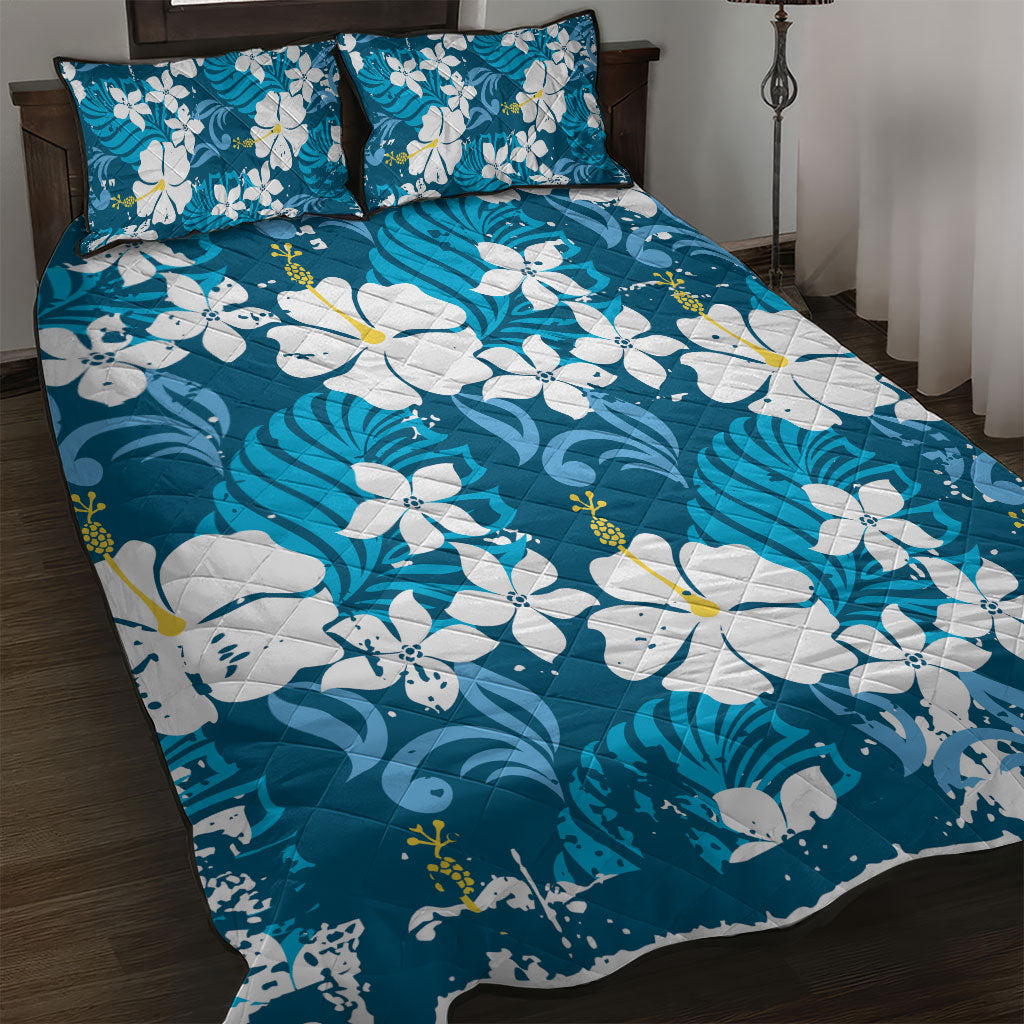 Blue Hawaiian Hibiscus Monstera Quilt Bed Set Grunge Stylized LT01 Blue - Polynesian Pride