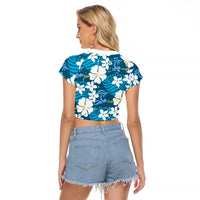 Blue Hawaiian Hibiscus Monstera Raglan Cropped T Shirt Grunge Stylized LT01 - Polynesian Pride
