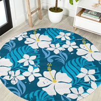 Blue Hawaiian Hibiscus Monstera Round Carpet Grunge Stylized LT01 Blue - Polynesian Pride