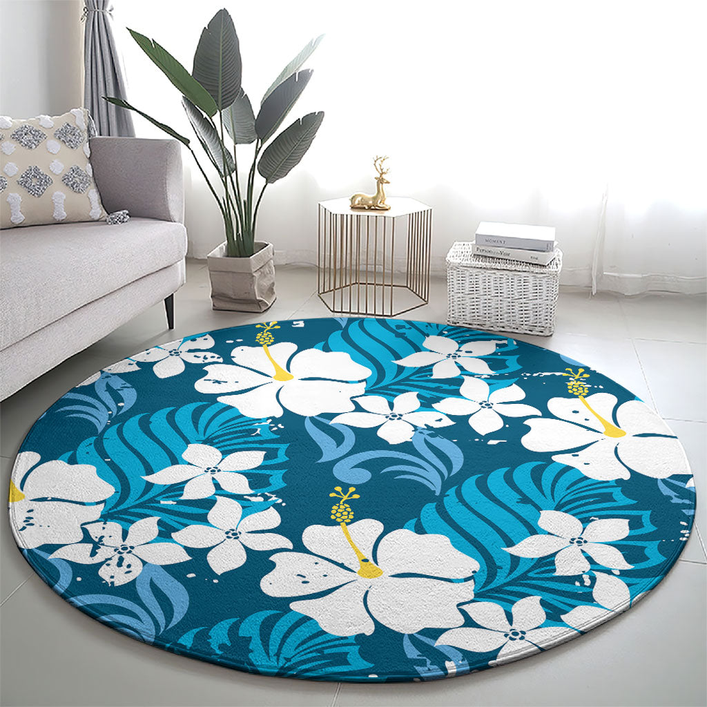Blue Hawaiian Hibiscus Monstera Round Carpet Grunge Stylized LT01 - Polynesian Pride