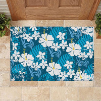 Blue Hawaiian Hibiscus Monstera Rubber Doormat Grunge Stylized LT01 Blue - Polynesian Pride