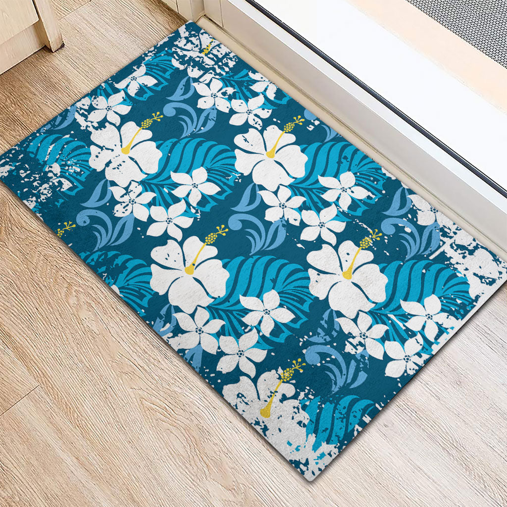 Blue Hawaiian Hibiscus Monstera Rubber Doormat Grunge Stylized LT01 - Polynesian Pride