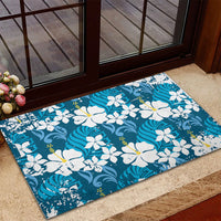 Blue Hawaiian Hibiscus Monstera Rubber Doormat Grunge Stylized LT01 - Polynesian Pride