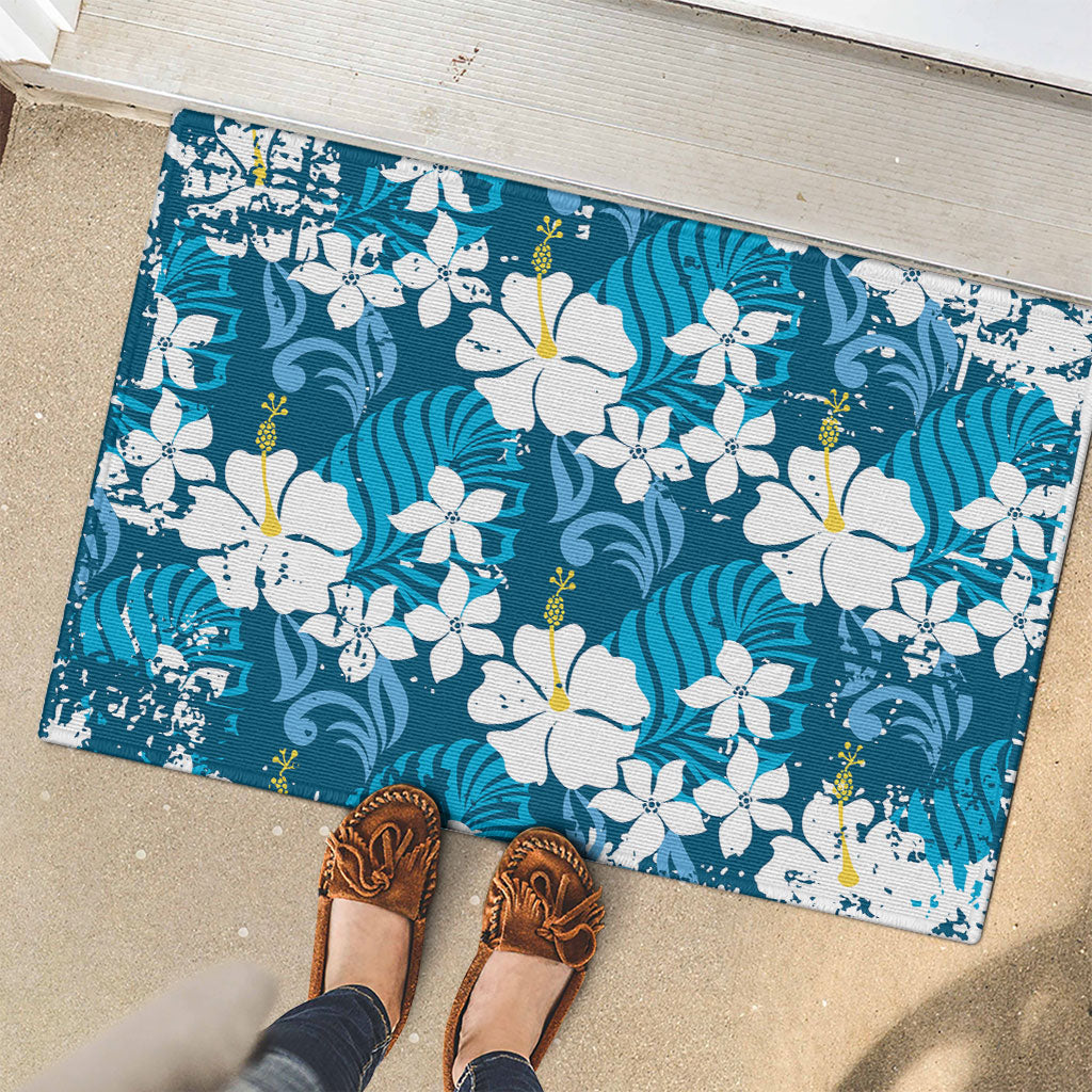 Blue Hawaiian Hibiscus Monstera Rubber Doormat Grunge Stylized LT01 - Polynesian Pride