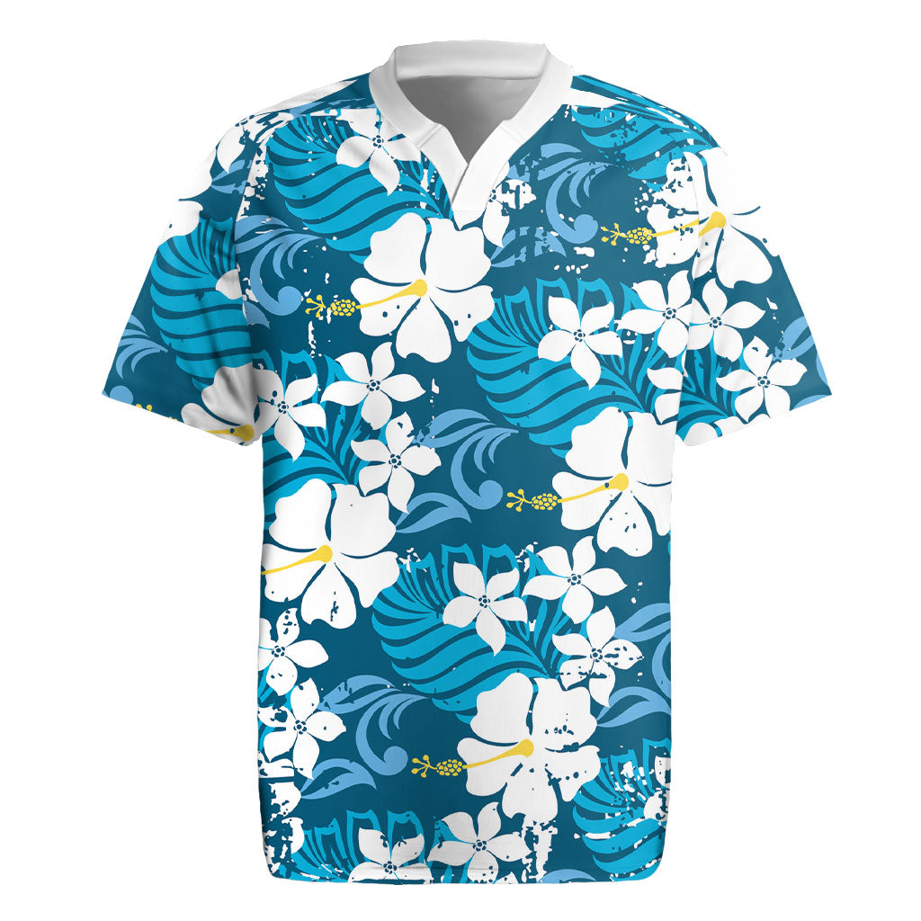 Blue Hawaiian Hibiscus Monstera Rugby Jersey Grunge Stylized LT01 Blue - Polynesian Pride