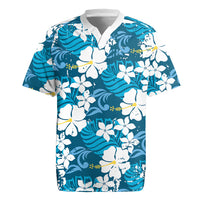 Blue Hawaiian Hibiscus Monstera Rugby Jersey Grunge Stylized LT01 Blue - Polynesian Pride