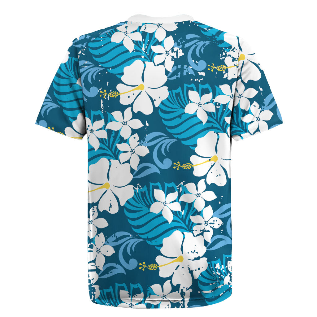 Blue Hawaiian Hibiscus Monstera Rugby Jersey Grunge Stylized LT01 - Polynesian Pride