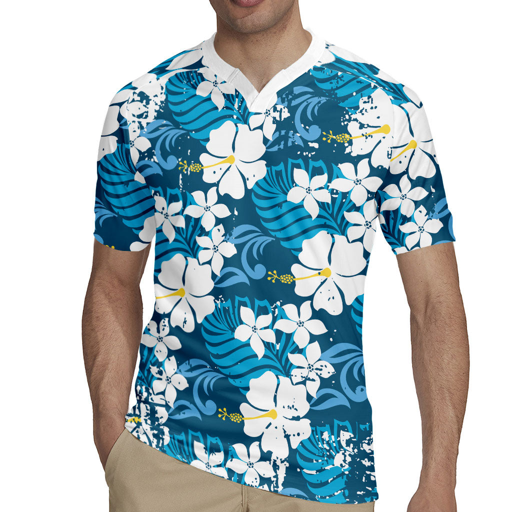 Blue Hawaiian Hibiscus Monstera Rugby Jersey Grunge Stylized LT01 - Polynesian Pride