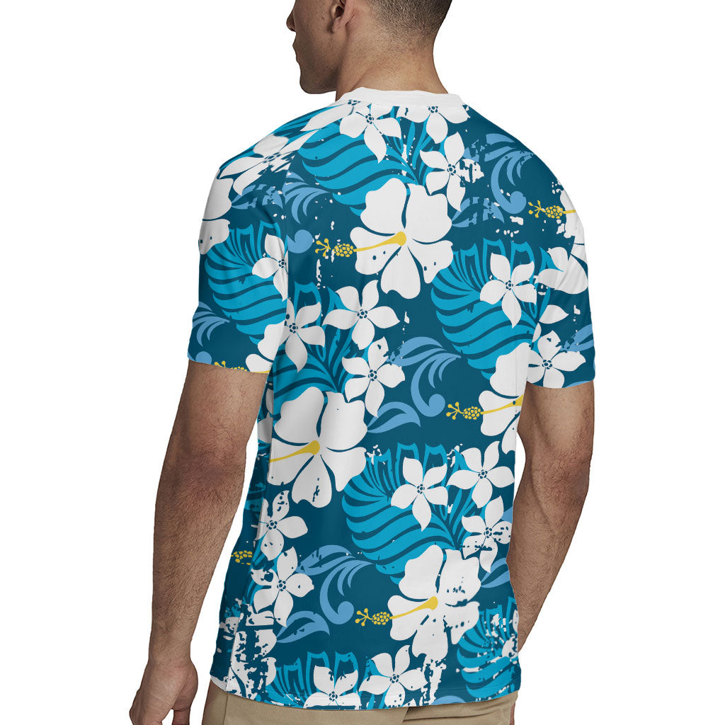 Blue Hawaiian Hibiscus Monstera Rugby Jersey Grunge Stylized LT01 - Polynesian Pride