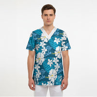 Blue Hawaiian Hibiscus Monstera Scrub Top Grunge Stylized LT01 - Polynesian Pride