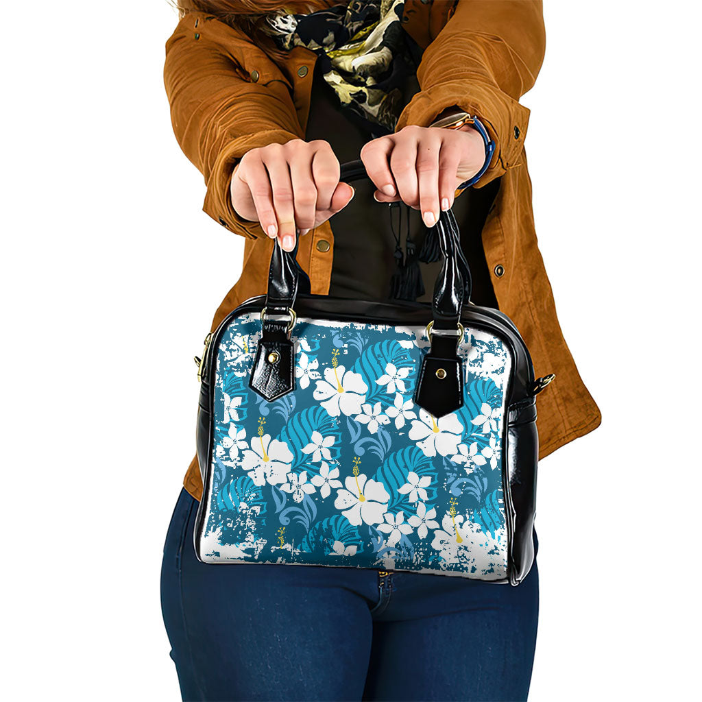 Blue Hawaiian Hibiscus Monstera Shoulder Handbag Grunge Stylized LT01 One Size Blue - Polynesian Pride
