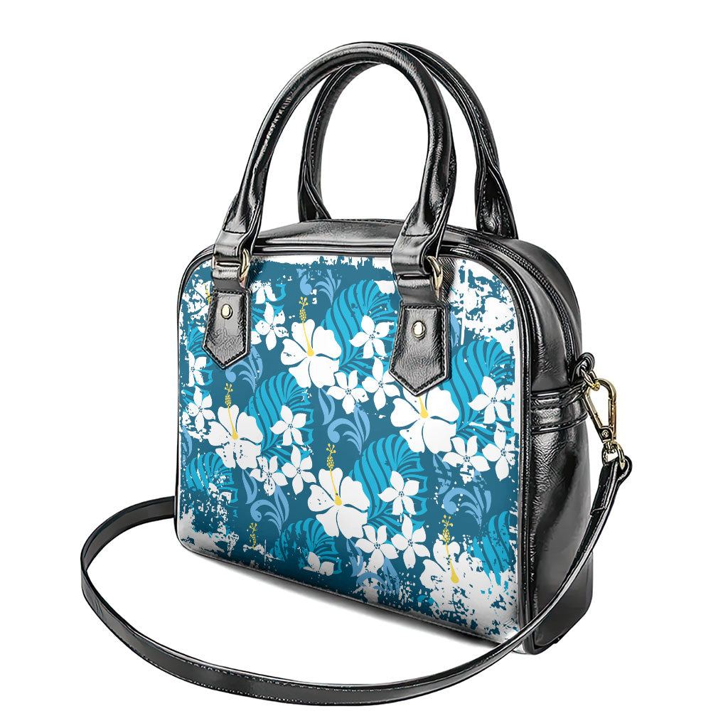 Blue Hawaiian Hibiscus Monstera Shoulder Handbag Grunge Stylized LT01 - Polynesian Pride