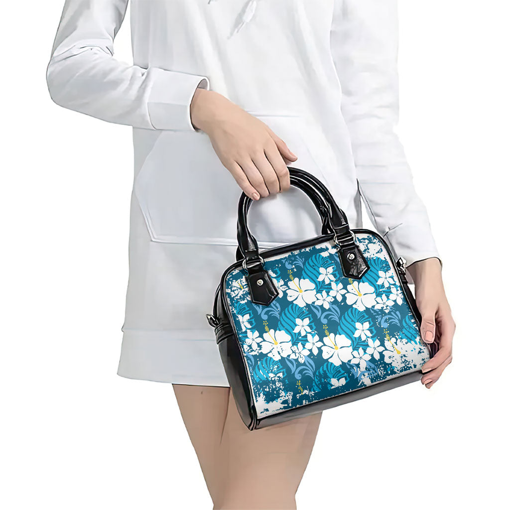Blue Hawaiian Hibiscus Monstera Shoulder Handbag Grunge Stylized LT01 - Polynesian Pride