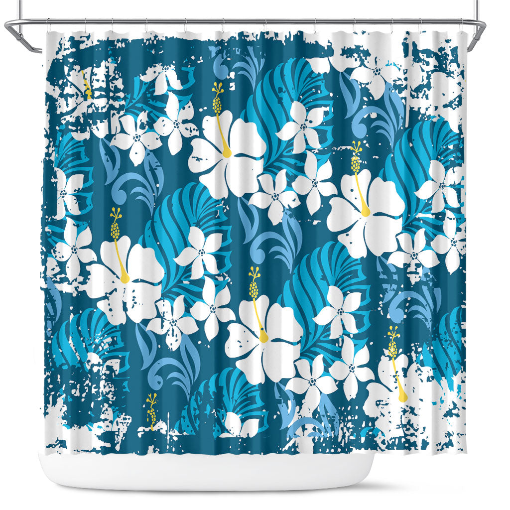 Blue Hawaiian Hibiscus Monstera Shower Curtain Grunge Stylized LT01 Blue - Polynesian Pride