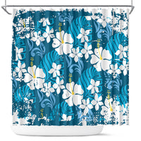 Blue Hawaiian Hibiscus Monstera Shower Curtain Grunge Stylized LT01 Blue - Polynesian Pride