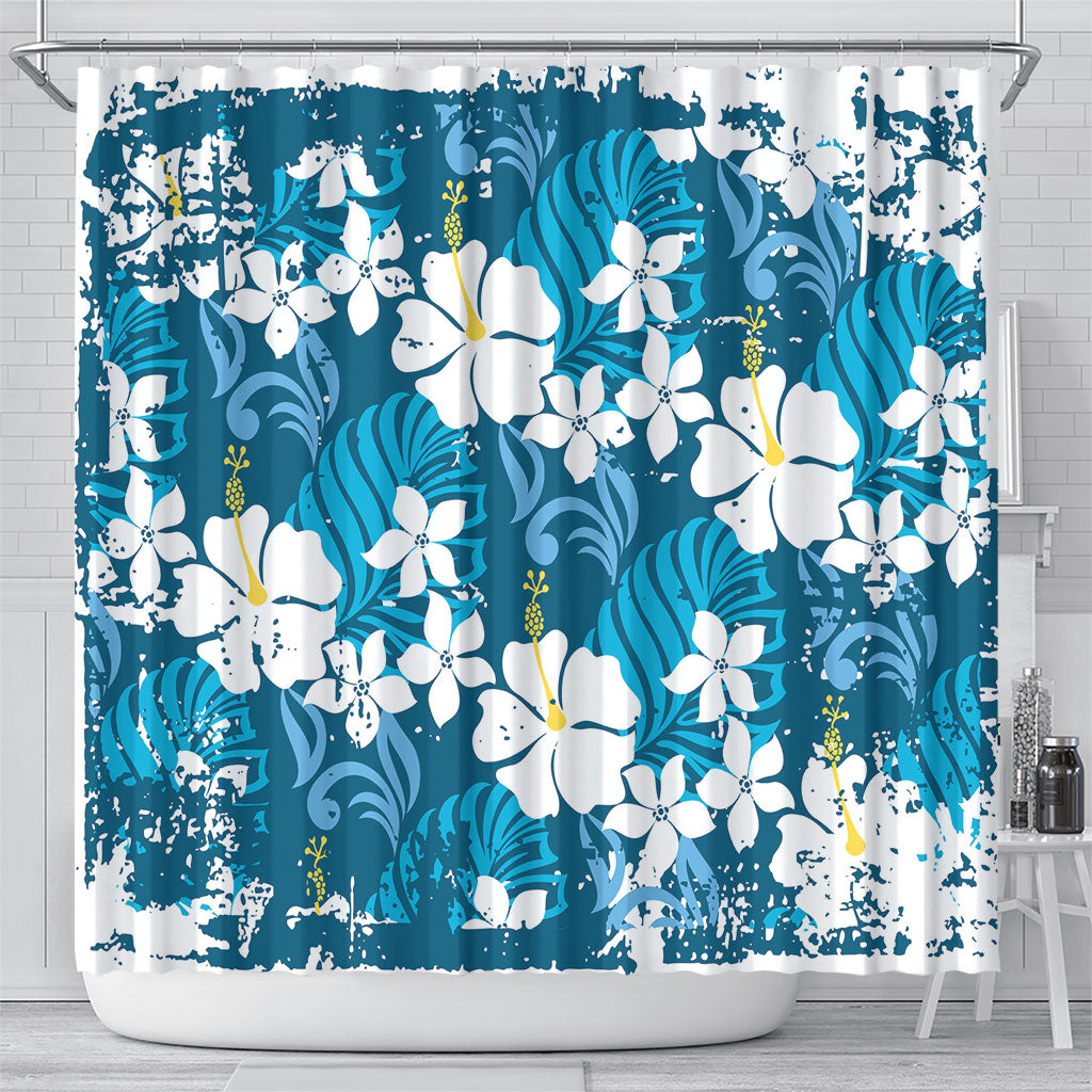 Blue Hawaiian Hibiscus Monstera Shower Curtain Grunge Stylized LT01 - Polynesian Pride