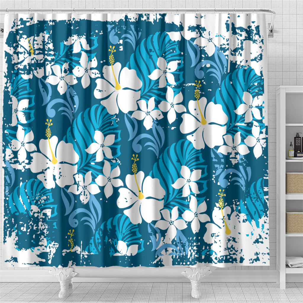 Blue Hawaiian Hibiscus Monstera Shower Curtain Grunge Stylized LT01 - Polynesian Pride
