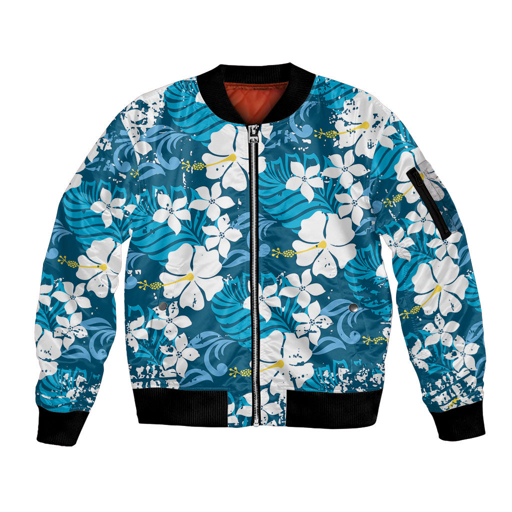 Blue Hawaiian Hibiscus Monstera Sleeve Zip Bomber Jacket Grunge Stylized LT01 Unisex Blue - Polynesian Pride