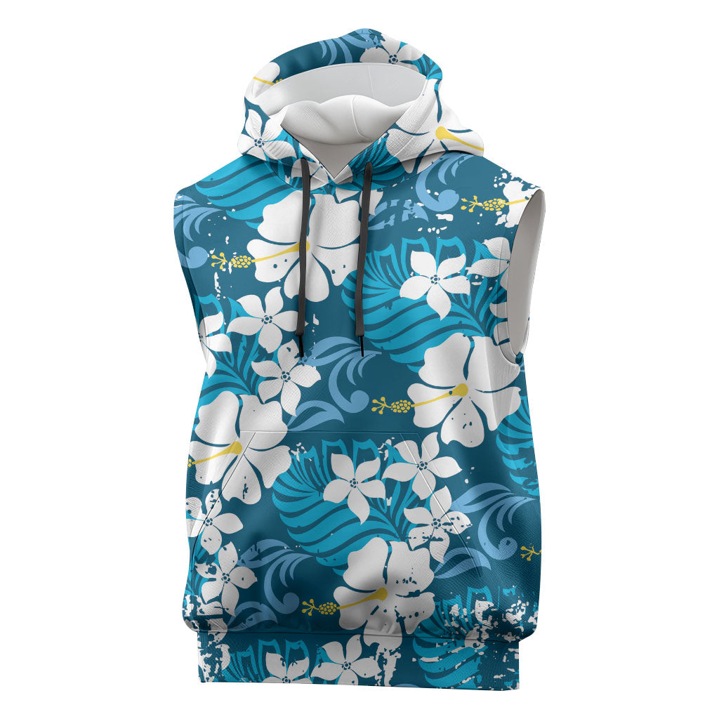 Blue Hawaiian Hibiscus Monstera Sleeveless Hoodie Grunge Stylized LT01 Blue - Polynesian Pride