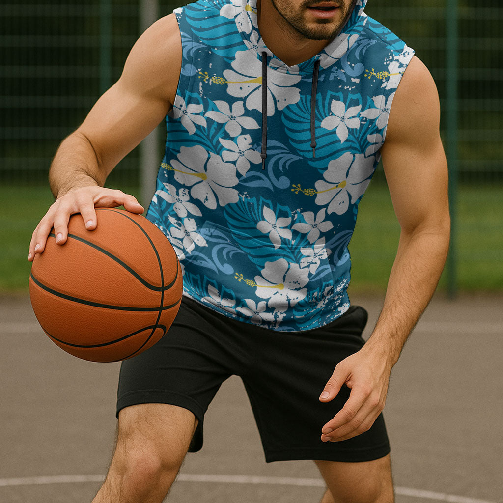 Blue Hawaiian Hibiscus Monstera Sleeveless Hoodie Grunge Stylized LT01 - Polynesian Pride