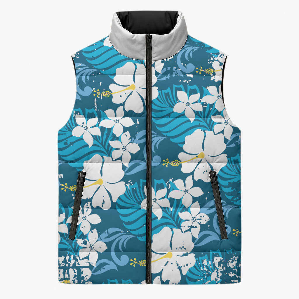 Blue Hawaiian Hibiscus Monstera Sleeveless Puffer Jacket Grunge Stylized LT01 Unisex Blue - Polynesian Pride