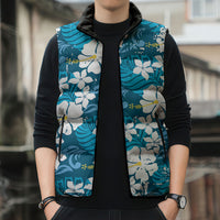 Blue Hawaiian Hibiscus Monstera Sleeveless Puffer Jacket Grunge Stylized LT01 - Polynesian Pride
