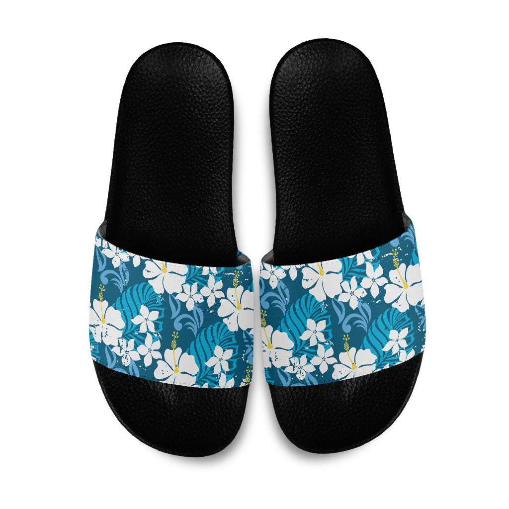 Blue Hawaiian Hibiscus Monstera Slide Sandals Grunge Stylized LT01 Blue - Polynesian Pride