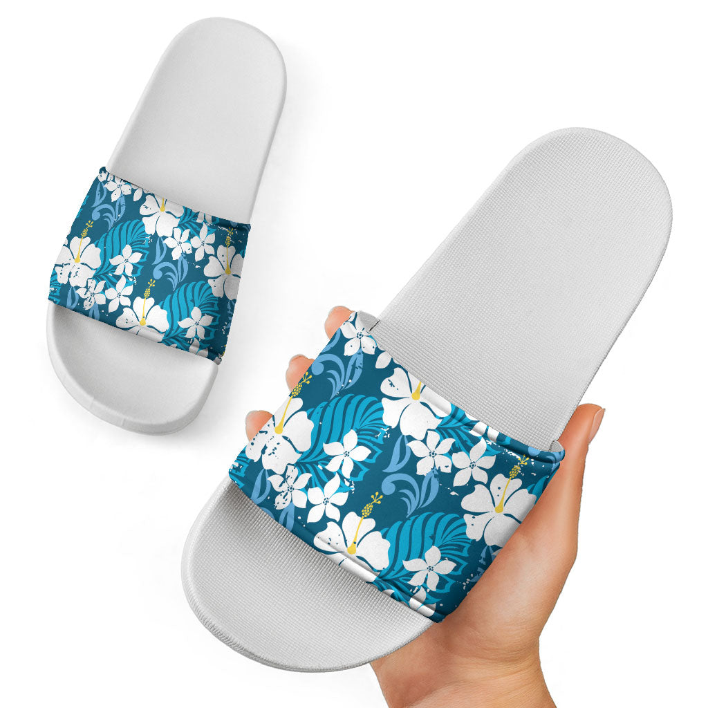 Blue Hawaiian Hibiscus Monstera Slide Sandals Grunge Stylized LT01 - Polynesian Pride