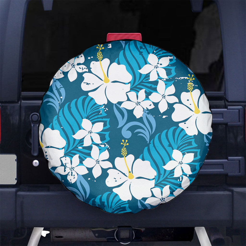 Blue Hawaiian Hibiscus Monstera Spare Tire Cover Grunge Stylized LT01 No hole Blue - Polynesian Pride