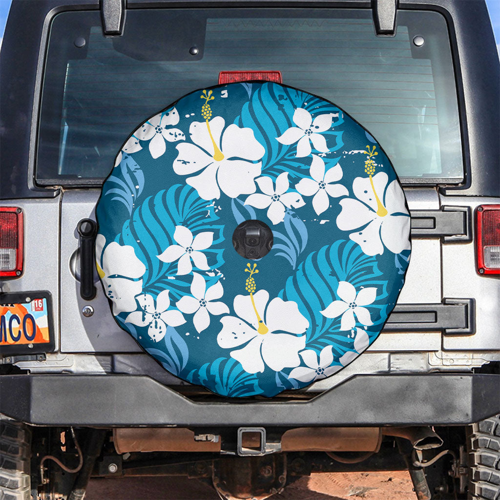 Blue Hawaiian Hibiscus Monstera Spare Tire Cover Grunge Stylized LT01 Blue - Polynesian Pride