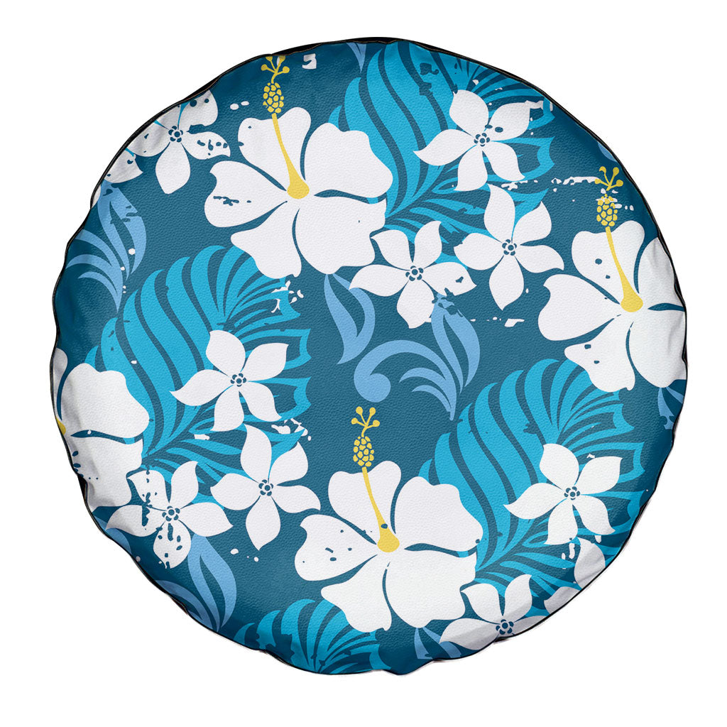 Blue Hawaiian Hibiscus Monstera Spare Tire Cover Grunge Stylized LT01 - Polynesian Pride