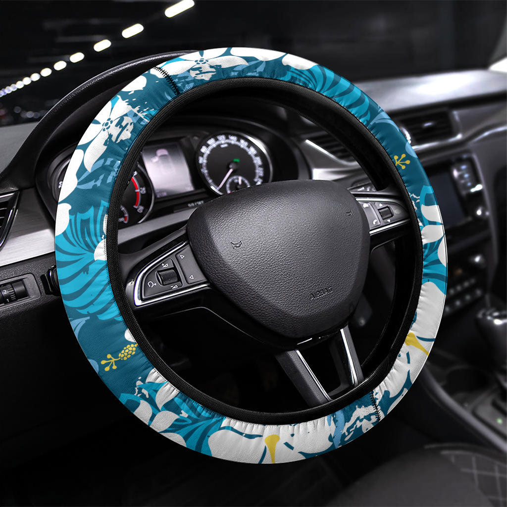 Blue Hawaiian Hibiscus Monstera Steering Wheel Cover Grunge Stylized LT01 Universal Fit Blue - Polynesian Pride