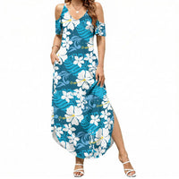 Blue Hawaiian Hibiscus Monstera Summer Maxi Dress Grunge Stylized LT01 Women Blue - Polynesian Pride