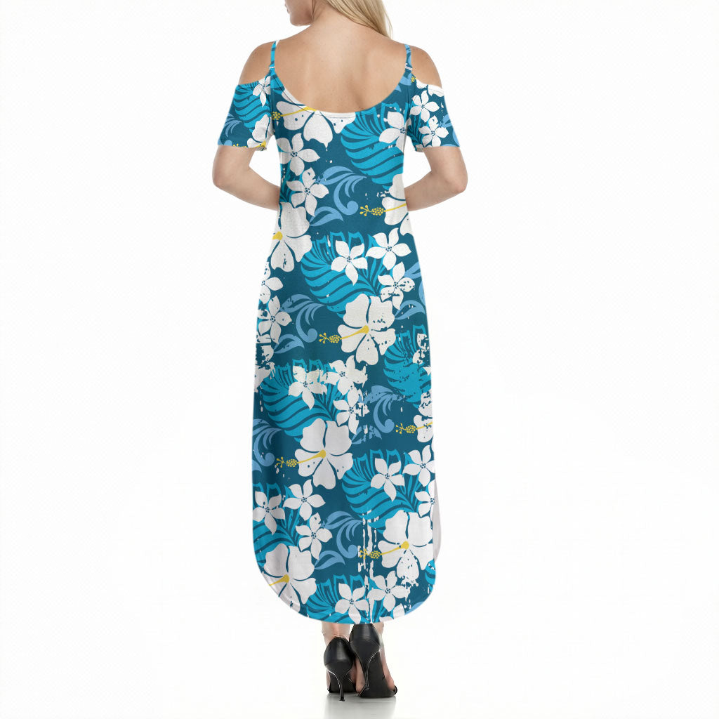 Blue Hawaiian Hibiscus Monstera Summer Maxi Dress Grunge Stylized LT01 - Polynesian Pride