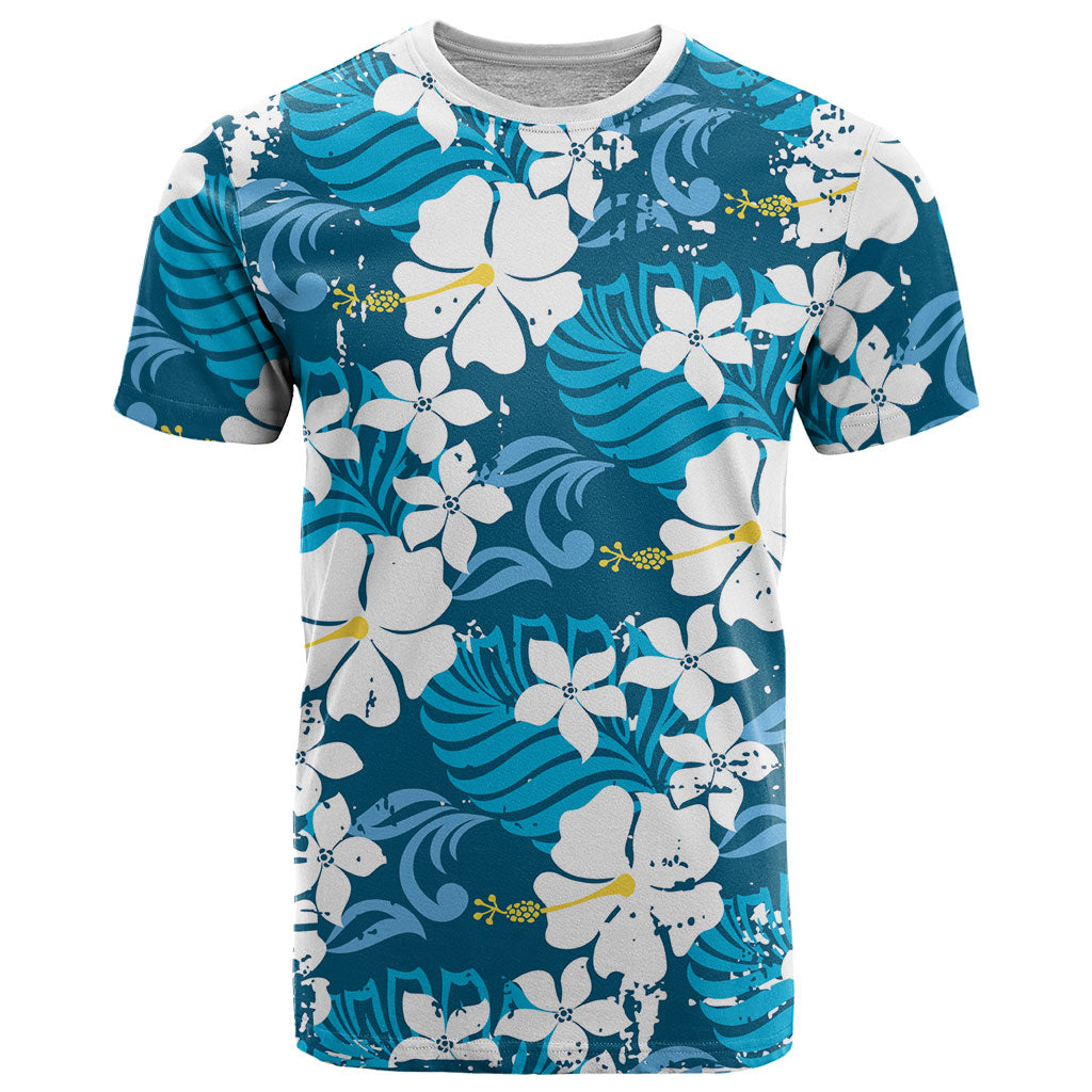 Blue Hawaiian Hibiscus Monstera T Shirt Grunge Stylized LT01 Blue - Polynesian Pride