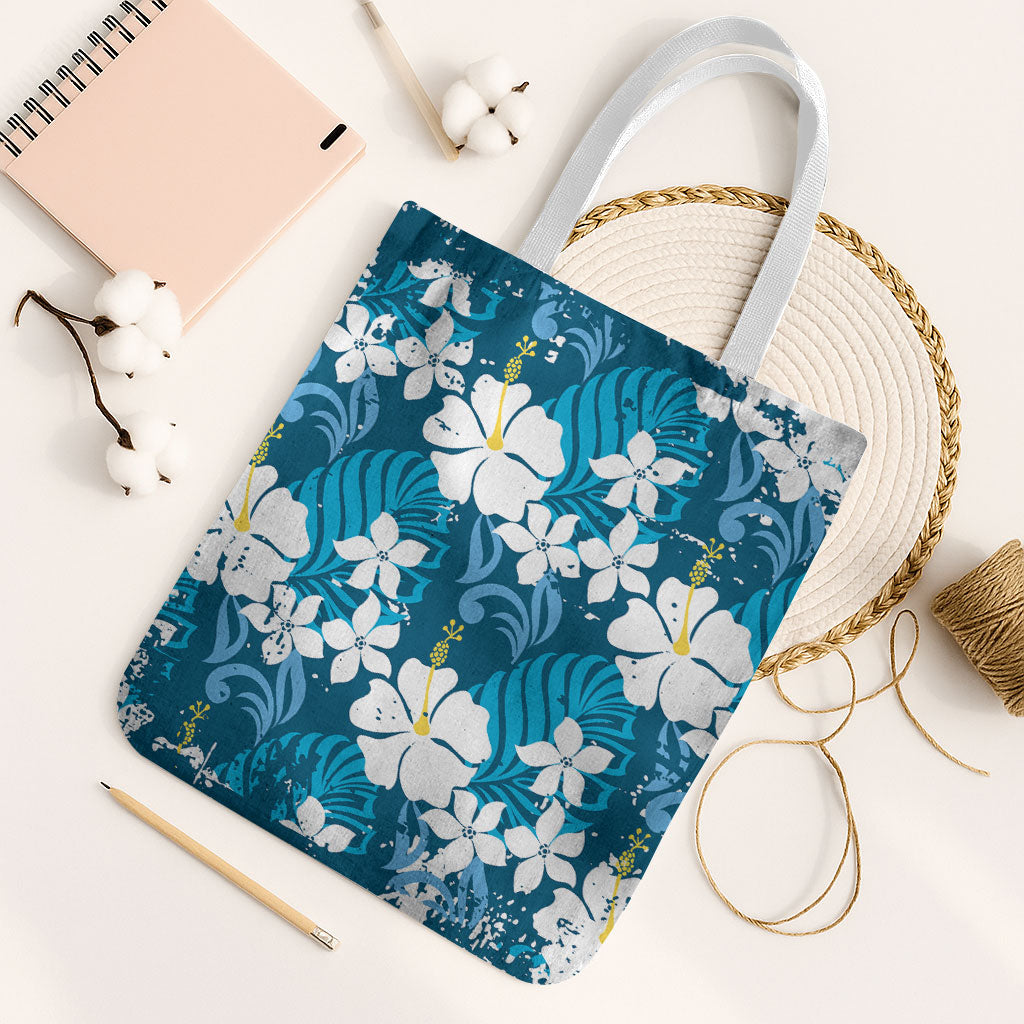 Blue Hawaiian Hibiscus Monstera Tote Bag Grunge Stylized LT01 White Strap One Size Blue - Polynesian Pride