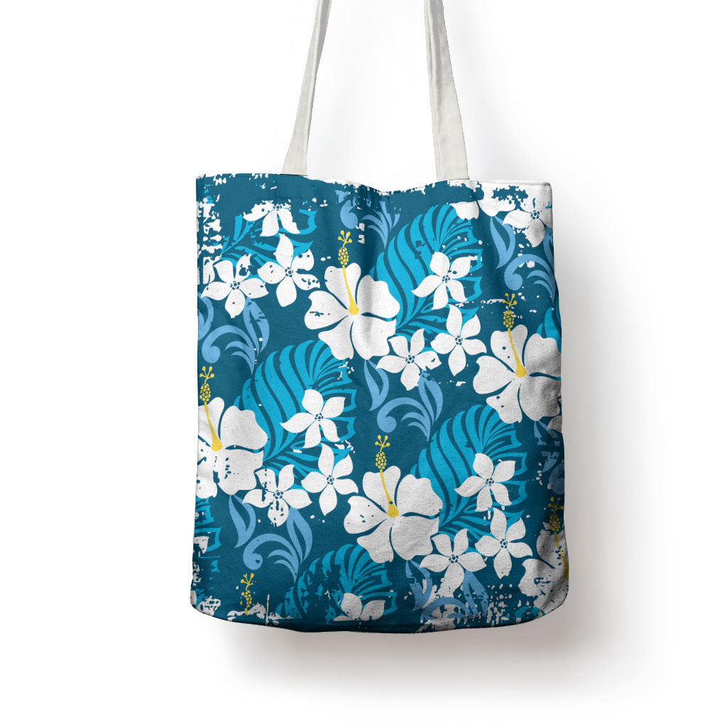 Blue Hawaiian Hibiscus Monstera Tote Bag Grunge Stylized LT01 - Polynesian Pride