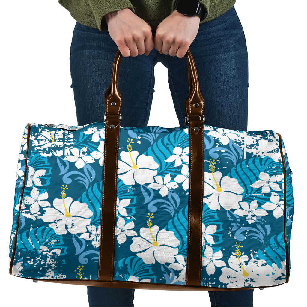 Blue Hawaiian Hibiscus Monstera Travel Bag Grunge Stylized LT01 Blue - Polynesian Pride