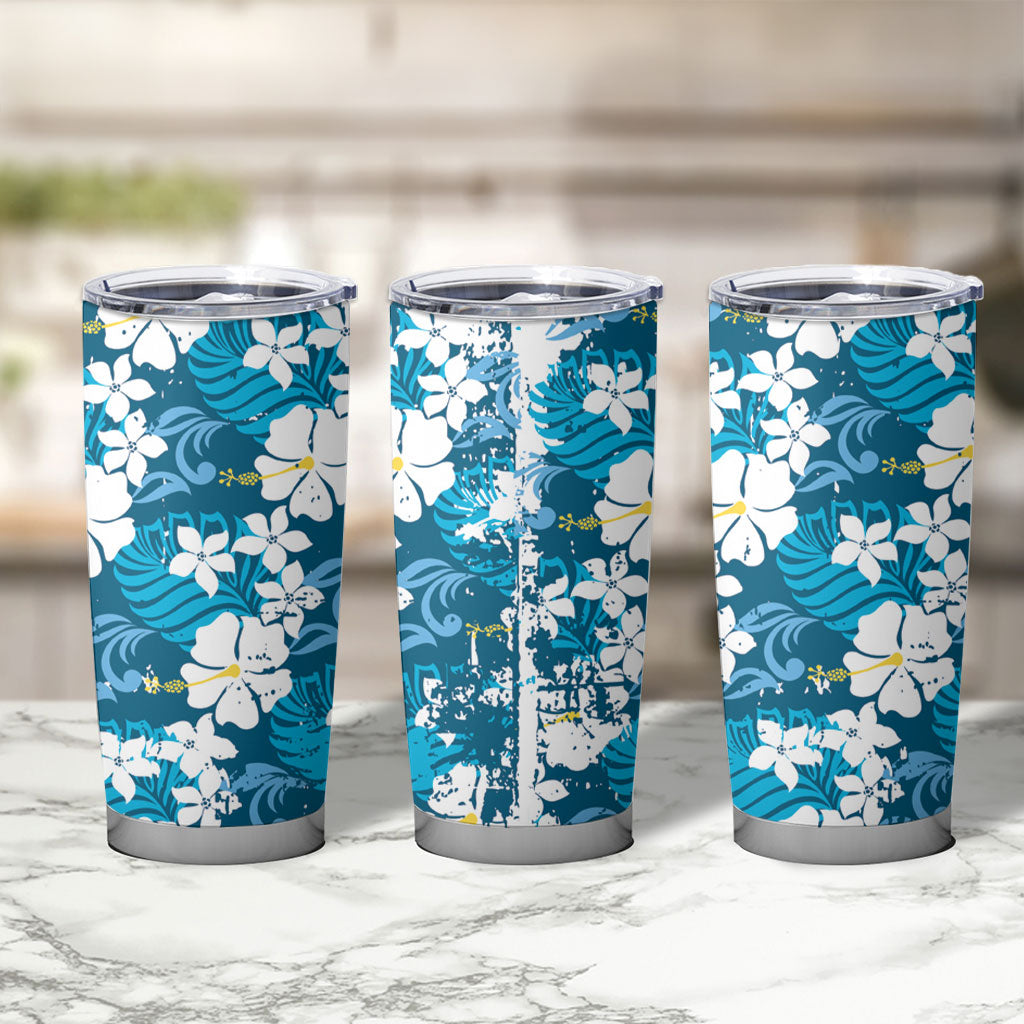 Blue Hawaiian Hibiscus Monstera Tumbler Cup Grunge Stylized LT01 - Polynesian Pride