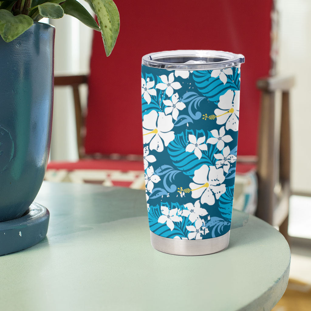 Blue Hawaiian Hibiscus Monstera Tumbler Cup Grunge Stylized LT01 - Polynesian Pride