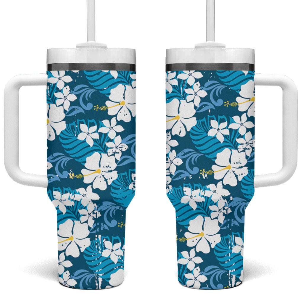 Blue Hawaiian Hibiscus Monstera Tumbler With Handle Grunge Stylized
