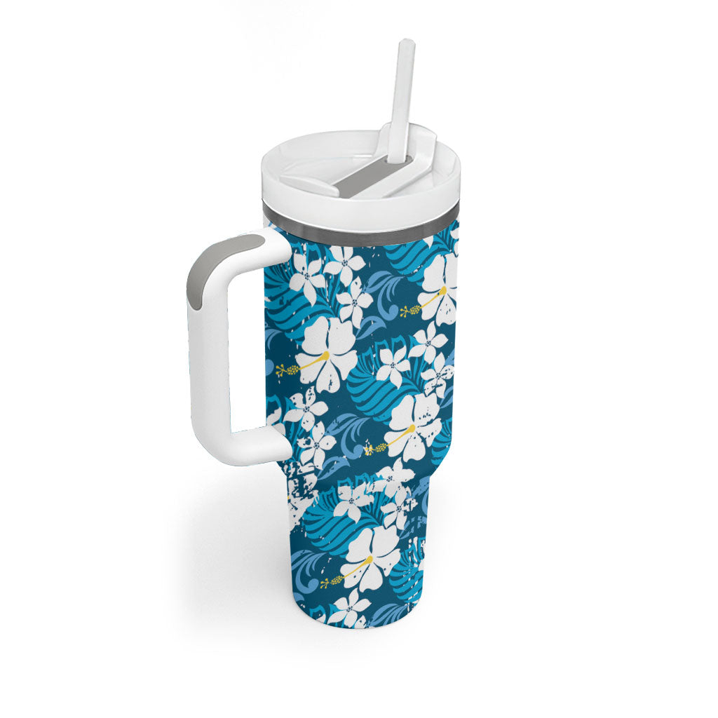 Blue Hawaiian Hibiscus Monstera Tumbler With Handle Grunge Stylized