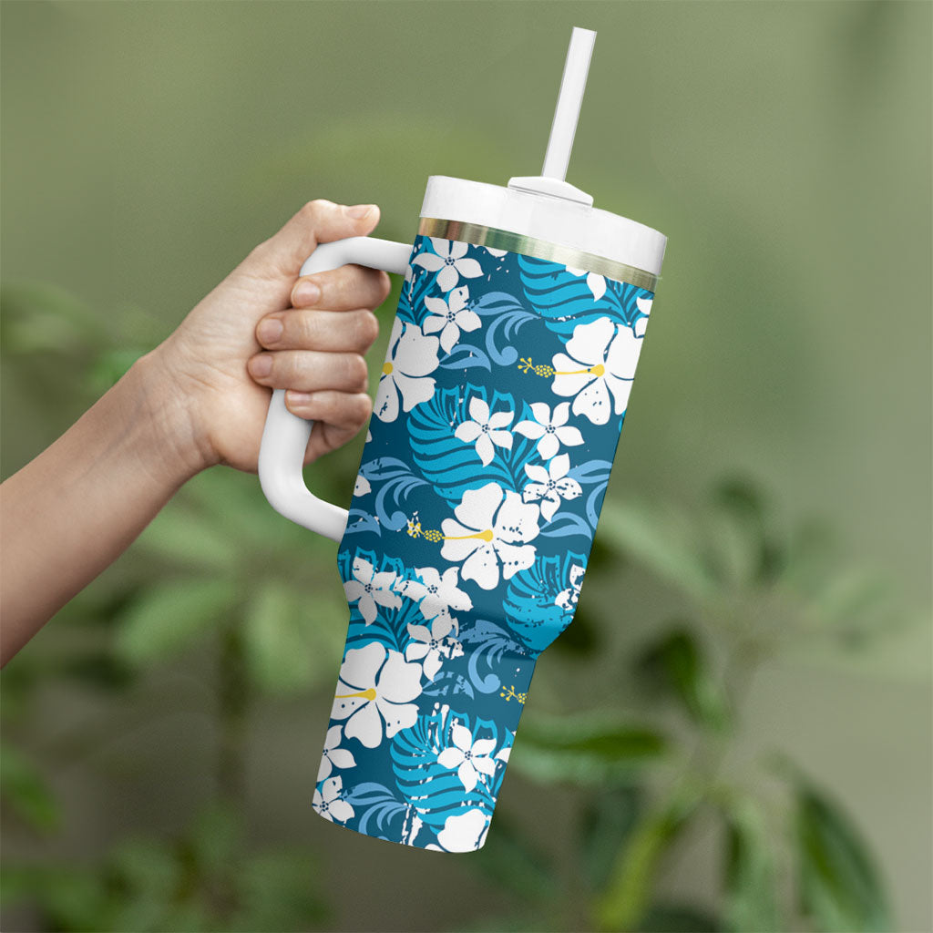 Blue Hawaiian Hibiscus Monstera Tumbler With Handle Grunge Stylized