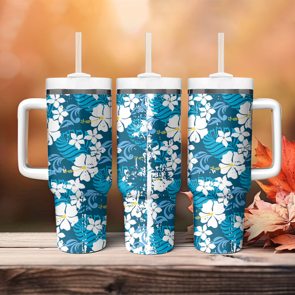 Blue Hawaiian Hibiscus Monstera Tumbler With Handle Grunge Stylized