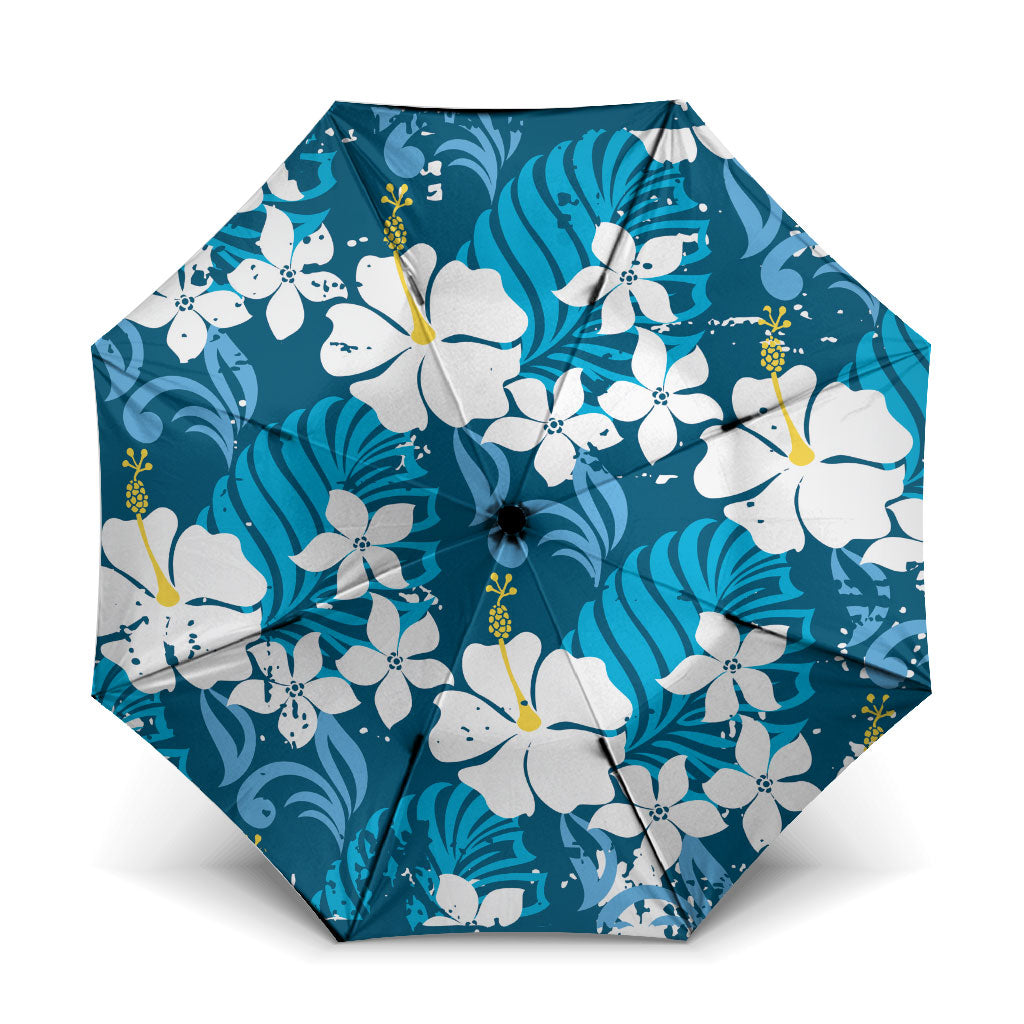 Blue Hawaiian Hibiscus Monstera Umbrella Grunge Stylized LT01 One Size Folded 11.42 inch Opened Diameter 37.4 inch Blue - Polynesian Pride