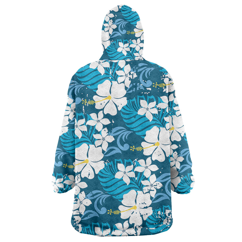 Blue Hawaiian Hibiscus Monstera Wearable Blanket Hoodie Grunge Stylized LT01 - Polynesian Pride