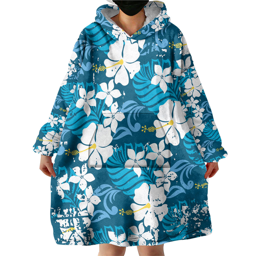 Blue Hawaiian Hibiscus Monstera Wearable Blanket Hoodie Grunge Stylized LT01 - Polynesian Pride