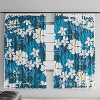Blue Hawaiian Hibiscus Monstera Window Curtain Grunge Stylized LT01 With Hooks Blue - Polynesian Pride